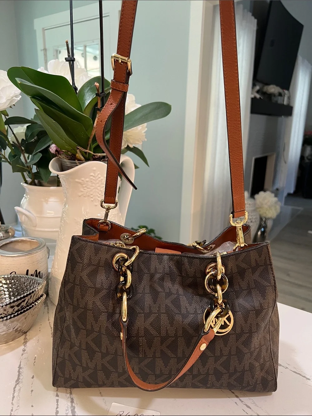 Michael Kors Brown MK Signature Shoulder Bag with Gold Hardware